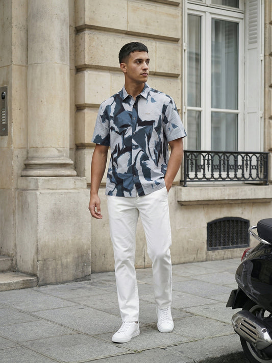 Chemise bleue imprimée à manches courtes Kobacci coupe décontractée