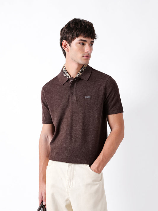 Polo Kobacci marron uni à maille plate et coupe classique